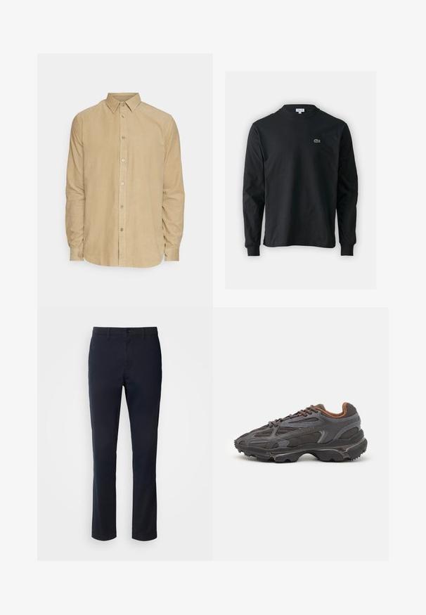 Beige lange mouwen corduroy shirt met button-down kraag en knopen aan de voorkant, weergegeven op een witte achtergrond.; Zwarte longsleeve t-shirt van katoen, met een ronde halslijn en een klein groen geborduurd krokodillenlogo op de linkerborst.; Marineblauwe broek van een gladde stof, met een rechte pijpdesign, riemlussen en een knoopsluiting met een ritssluiting.; Lacoste sneakers in donkergrijs van mesh en synthetisch materiaal, met een gestructureerde zool en bruine accenten op de kraag en branding.