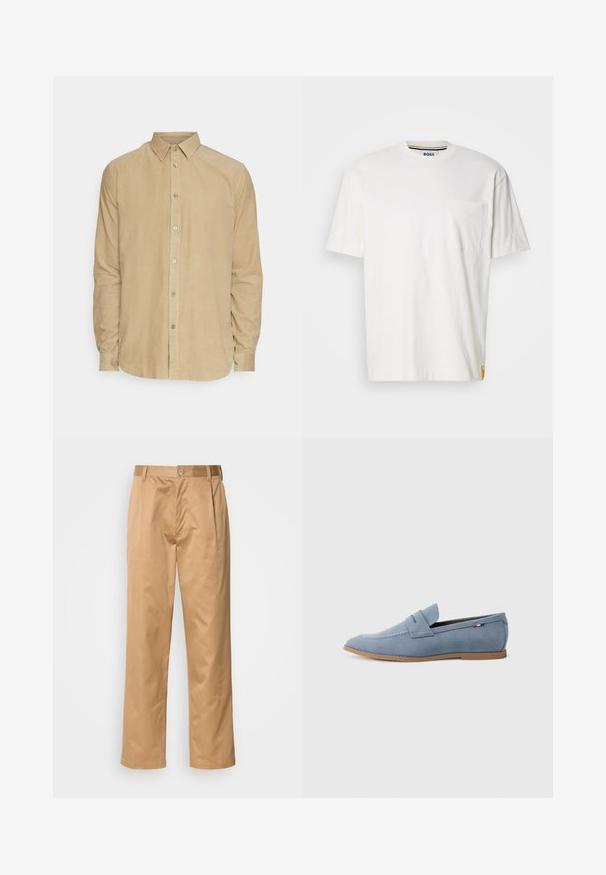 Bežena košulja iz korduroja s dugim rukavima, dugmadi na ovratniku i dugmadima sprijeda, prikazana na bijeloj pozadini.; Bela bombažna majica s krožnim vratom, kratkimi rokavi in žepom na levem prsnem delu. Ima majhen logotip na stranskem šivu.; Kaki hlače, mešanica bombaža, oblik ravnih nogavic, sprednji pregibi, zanke za pas in gumbasto zapiranje. Gladka tekstura brez vzorcev.; Svijetloplavi nubuk loafer sa glatkom teksturom, dekorativnim šavovima i smešnim gumenim đonom. Ima dizajn proreza za novčiće na gornjem delu.