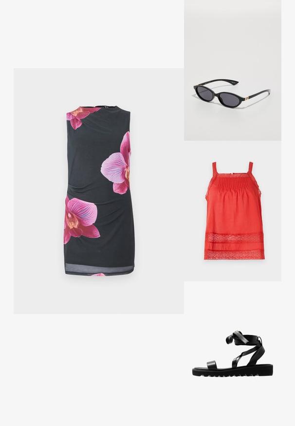 Červený bezrukávový top vyrobený z lehkého materiálu, se sklady v horní části a krajkovými detaily na lemu a ramínkách.; Černé bezramínkové šaty s velkými růžovými orchideovými potisky, hladká textura, přiléhavý střih s nařasením po straně, délka po kolena.; Černé sandály s texturovanou podrážkou, s úzkými pásky a uzlovým designem. Vyrobené z lesklého materiálu, moderního tvaru a s otevřenou špičkou.; Černé sluneční brýle s oválnými čočkami, tmavým gradientním zabarvením a štíhlými rameny s jemnými zlatými akcenty. Hladký plastový povrch.; Šedá oversized mikina s klokaní kapsou, spárovaná s námořnickou áčkovou sukní. Doplňky: velký světle žlutý batoh s hladkým povrchem.