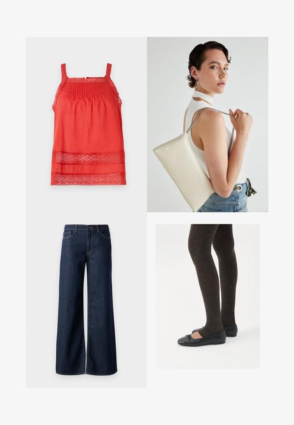 Top sem mangas vermelho feito de tecido leve, apresentando pregas na parte superior do corpete e detalhes em renda ao longo da bainha e das alças.; Jeans de perna larga em denim azul escuro. Apresenta costura em contraste, cinco bolsos e um fecho de botão na cintura. Textura lisa.; Sapatos planos pretos com um pequeno laço na ponta, emparelhados com meias-calças caneladas castanhas escuras. Os sapatos têm uma textura suave e um design discretamente baixo.; Bolsa de mão retangular branca, feita de material brilhante, com uma alça em corrente prateada. Modelo posa, exibindo a bolsa contra um fundo simples.