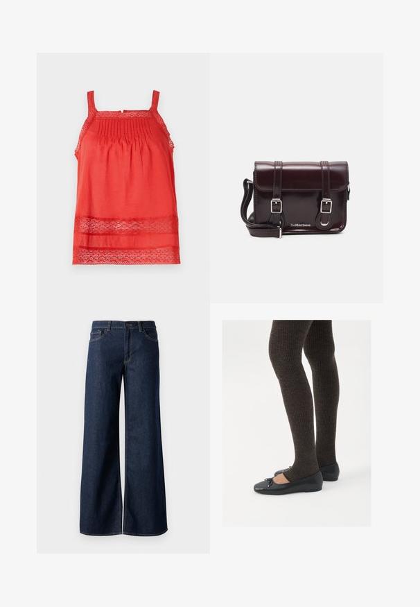 Top sin mangas de color rojo, confeccionado en tejido liviano, que presenta plisados en la parte superior del cuerpo y detalles de encaje a lo largo del dobladillo y las tirantes.; Jeans de pierna ancha en denim azul oscuro. Presenta costuras en contraste, cinco bolsillos y un cierre de botón en la cintura. Textura suave.; Zapatos planos negros con un pequeño lazo en la punta, combinados con medias de punto en marrón oscuro. Los zapatos tienen una textura suave y un perfil bajo.; Bolso bandolera de charol burdeos con forma rectangular, dos correas, herrajes plateados y cierre de solapa.