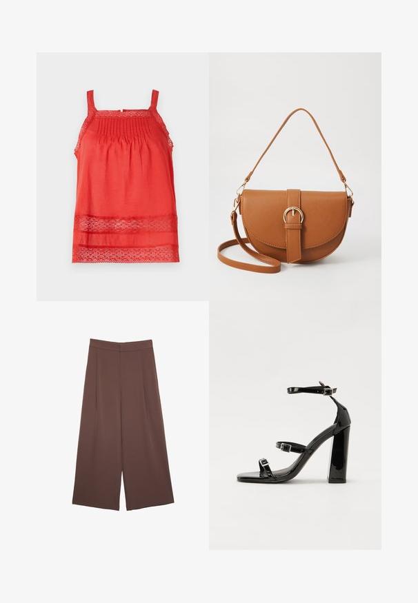 Punainen olkaimeton paita, joka on valmistettu kevyestä kankaasta. Yläosassa on poimutuksia ja helmassa sekä olkaimissa pitsikoristelu.; Ruskeat leveälahkeiset housut, joissa on sileä pinta, korkea vyötärö ja etupleat. Kangas on kevyttä ja laskeutuu väljänä.; Musta kiiltävä korkokenkä sandaalit neliönmuotoisella varpaalla, nilkkaremmillä ja hopeisilla soljilla. Varustettu tukevalla lohkokorkealla vakauden takaamiseksi.; Ruskean nahkainen olkalaukku, jossa on kaareva muoto, kultaiset yksityiskohdat ja solkiyksityiskohta. Varustettu irrotettavalla olkahihnalla.