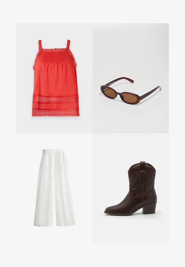 Rotes ärmelloses Oberteil aus leichtem Stoff, mit Falten im oberen Bereich und Spitzenakzenten am Saum und den Trägern.; Weiße, weite Hosen mit einem elastischen Bund, ausgestattet mit frontalen Falten und einem leichten, strukturierten Stoff.; Braune Leder-Cowboy-Stiefel mit spitzen Zehen, geprägten Flügelmotiven, einem mittelhohen Blockabsatz und einer Zuglasche auf der Rückseite.; Runde, braun getönte Sonnenbrillen mit einem glänzenden burgunderfarbenen Rahmen. Schlanke Bügel mit dezentem Branding. Flaches Linsendesign.