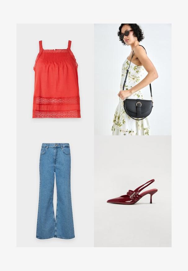 Piros ujjatlan felső könnyű anyagból, a felső részen pliszékkel és csipke részletekkel a szegélyen és a pántokon.; Világoskék, trapézszárú farmernadrág, magas derékkal, öt zsebbel és egy gombos záródással. Puha tapintású, magasított effektusú anyag.; Piros lakkbőr slingback sarokcipő, hegyes orral, két csatoló pánttal és vékony, közepes magasságú stiletto sarokkal. Simább textúrájú.; Fekete bőrtáska ívelt formával, levehető pánttal és arany színű fémrészekkel. A táskán egy csattal díszített fedél található.