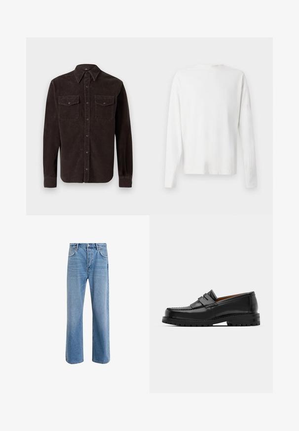 Brun kordfløjlskjorte med klassisk krave, lange ærmer, to brystlommer med knaplukning og struktureret stof.; Langærmet hvid bomulds skjorte med rund halsudskæring, sideslids i bunden og en glat overflade, vist bagfra.; Lyseblå denim jeans med lige ben-design, fem lommer, knaplukning, minimal falming og kontraststingdetaljer.; Sorte læder loafers har en forhøjet søm, to dekorative remme på overdelen og en tyk struktureret sål for bedre greb.