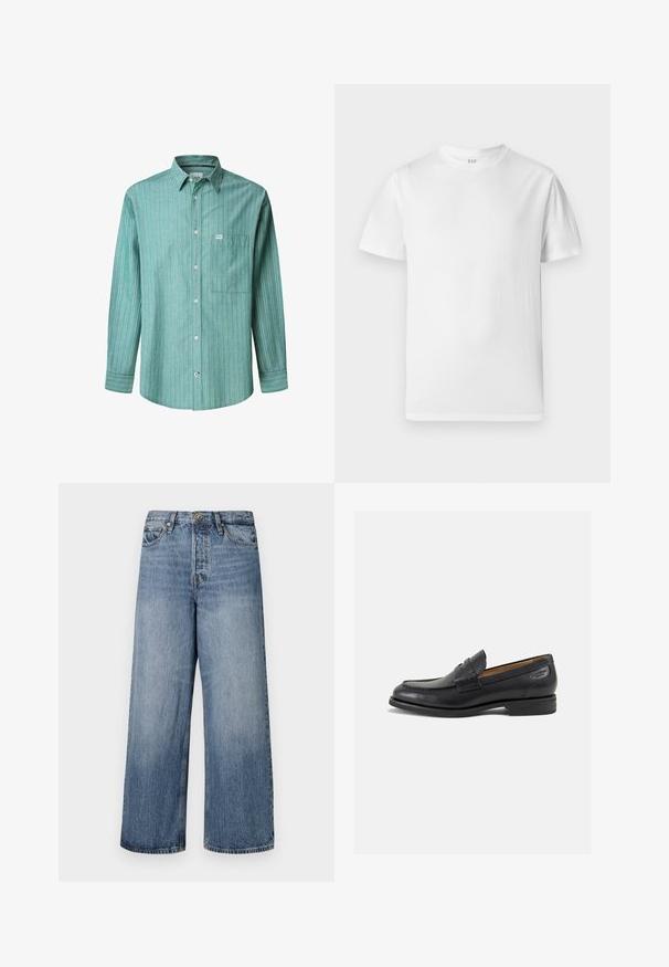 Zelena prugasta srajca na gumb z dolgimi rokavi, svetlo modre in bele vertikalne črte, en sam žep na prsih in majhna blagovna znamka.; Bela kratka majica s kratkimi rokavi iz mehke bombažne tkanine. Ima okrogle izreze in ravno rob s minimalnimi detajli.; Široke modre denim hlače s blago obrabljenim tonom, zasnovo s petimi žepe in z gumbom za zapiranje. Opremljene so z zankami za pas in šivanjem detajlov.; Črne usnjene loafers cipele z gladko površino, zaobljenim nosom in dekorativnim šivom na vampu. Nizek zloženi peti in rahla sijaj.