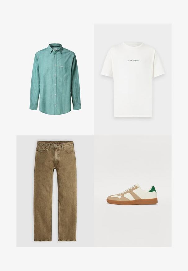 Zaļš svītrains krekliņš ar garām piedurknēm, gaiši zila un balta vertikāla svītra, viens krūšu kabata un neliela zīmola logo.; Baltā kokvilnas T-kreklā ar īsām piedurknēm un apaļu kakla izgriezumu. Centrāls teksts lasa "LAIPNI LŪDZAM PARADĪZĒ" zaļā, izliekta fontā.; Gai brūni džinsi ar taisnu kāju dizainu, piecu kabatu stilu un vara toni piekariņiem. Struktūrēta auduma ar redzamām šuvēm.; Sneakers ar baltu ādas augšdaļu, brūniem zamša akcentiem, zaļo papēža akcentu un teksturētu gumijas zoli. Iezīmē trīs brūnas svītras.