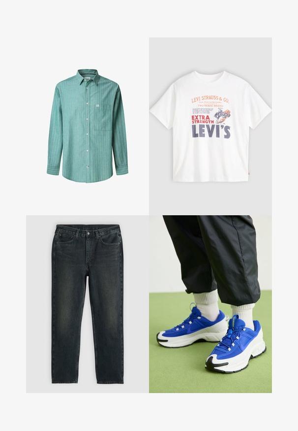 Zielona pasiasta koszula z długim rękawem, w jasnoniebieskie i białe pionowe pasy, z jedną kieszenią na piersi i małym logo marki.; Biała koszulka bawełniana z grafiką na przodzie w czerwonym i granatowym kolorze: "LEVI STRAUSS & CO." oraz "EXTRA STRENGTH LEVI'S" z ilustracją konia.; Granatowe dżinsy o prostym kroju, wyposażone w pięć kieszeni, z zamek błyskawicznym i kontrastowym przeszyciem. Subtelne wyblaknięcie na materiale.; Niebieskie i białe buty sportowe z teksturowanej tkaniny, wyraźną gumową podeszwą i czarnymi akcentami. Posiadają sznurówki i amortyzującą konstrukcję.