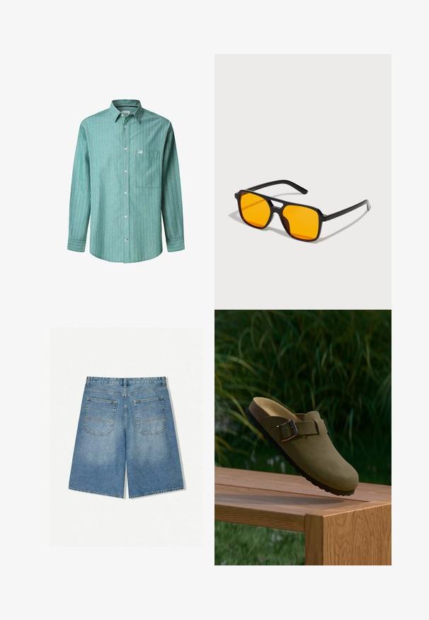Groene gestreepte overhemden met lange mouwen, lichtblauwe en witte verticale lijnen, één borstzak en een klein merklogo.; Lichtblauwe denim shorts met een losse pasvorm, voorzien van twee achterzakken en zichtbare stiksels. De stof heeft een zachte, gladde textuur.; Olijfgroene suède instapklomp met een gesp, zwevend boven een houten bank met groene gras en planten op de achtergrond.; Zwarte rechthoekige zonnebril met gedurfde oranje glazen. Heeft een uniek brugontwerp en slanke armen, vervaardigd uit lichtgewicht materiaal.