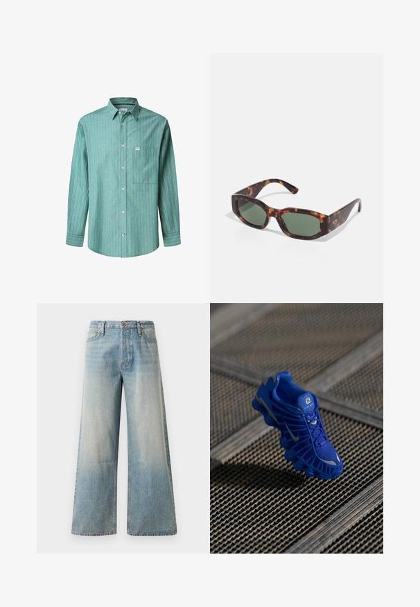 Grün gestreiftes Langarmhemd mit hellblauen und weißen vertikalen Streifen, einer Brusttasche und einem kleinen Markenlogo.; Helle blaue Schlagjeans aus Denim. Sie verfügen über eine hohe Taille, einen Knopfverschluss und subtile Ausbleichungen mit einer glatten Textur und genähten Nähten.; Blaue Sportschuh mit einem Obermaterial aus Netzgewebe, strukturiertem Design und einer markanten Sohle, die über ausgeprägte Dämpfungselemente und reflektierende Akzente verfügt.; Sonnenbrille aus Schildpatt mit rechteckigen grünen Gläsern, breitem Rahmen und dicken Bügeln. Sie zeichnet sich durch ein elegantes Design und eine glatte Kunststoffoberfläche aus.