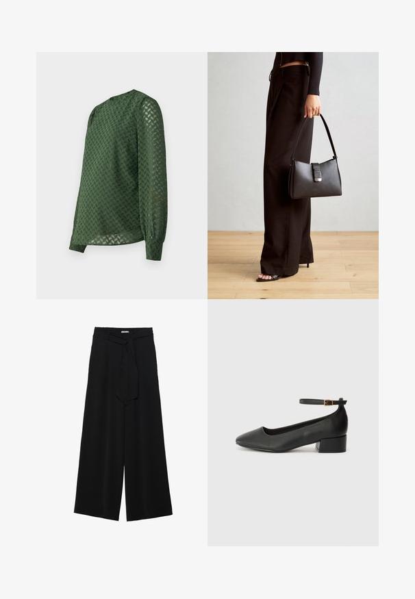 Zelená blúzka s textúrovaným vzorom do V, dlhými rukávmi, okrúhlym výstrihom a mierne voľným strihom s nariasenými manžetami.; Čierne široké nohavice s textúrovanou tkaninou, elastickým pásom a odnímateľným viazaním na páse pre nastaviteľné priliehanie.; Čierne kožené lodičky s špicatou špičkou a nízkym blokovým podpätkom. Obsahuje remienok okolo členka so zlatým prackou. Hladký povrch.; Čierna kabelka so štruktúrovaným tvarom, hladkou textúrou a kovovou sponou. V kombinácii so širokými čiernymi nohavicami a sandálmi s otvorenou špičkou na drevenej podlahe.