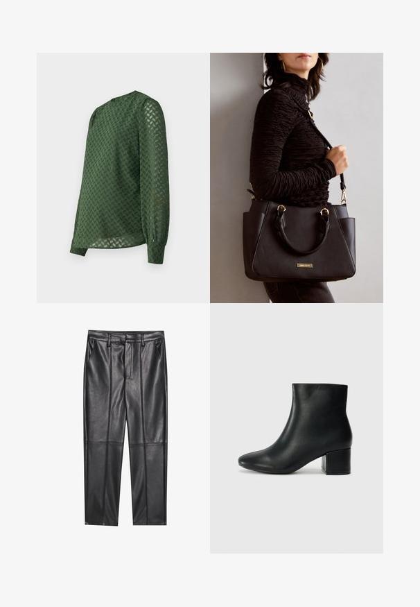 Zelená blúzka s textúrovaným vzorom do V, dlhými rukávmi, okrúhlym výstrihom a mierne voľným strihom s nariasenými manžetami.; Čierne kožené nohavice s hladkou textúrou, rovného strihu, s dvoma prednými vreckami a viditeľným švom.; Čierne kožené členkové čižmy s špicatou špičkou a hrubým podpätkom. Hladká textúra s minimálnymi akcentmi a elegantným, priliehavým dizajnom.; Čierna kabelka s textúrovaným povrchom, dvojitými hornými rúčkami a nastaviteľným ramenným popruhom. Obsahuje zlaté kovanie a bočné vrecká.