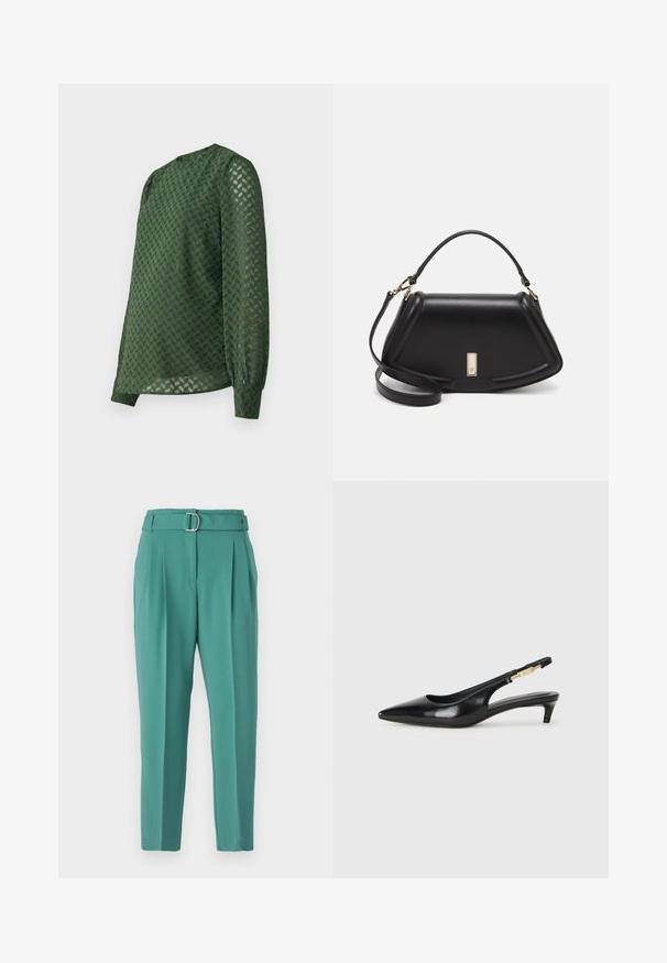 Blusa verde con un motivo a chevron testurizzato, maniche lunghe, collo rotondo e una vestibilità leggermente ampia con polsini arricciati.; Pantaloni teal con una vestibilità sartoriale, caratterizzati da un ampio cinturino con una fibbia argentata, pieghe frontali e gambe affusolate per un aspetto raffinato.; Tacchi slingback in pelle nera con punta affusolata, caratterizzati da un tacco alto e un accento dorato sulla cinghia regolabile. Texture liscia.; Borsa a mano in pelle nera con un design strutturato, caratterizzata da una forma corta, manico superiore e accessori in metallo dorato. Inclusa tracolla regolabile.
