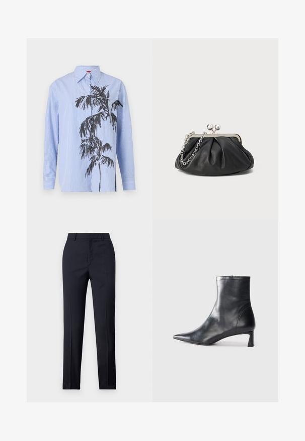Blue striped long-sleeve shirt featuring a black palm tree graphic on the front. It has a traditional collar and button-up design.; Navy tailored trousers with a straight cut, featuring a smooth texture, two front pockets, and a clean waistband.; Black leather ankle boot with a pointed toe and a sleek design. Features a low heel and a zipper closure at the back. Smooth texture.; Black leather clutch with gathered texture, silver-tone metal frame, kiss-lock closure, and chain strap. Smooth, soft surface.