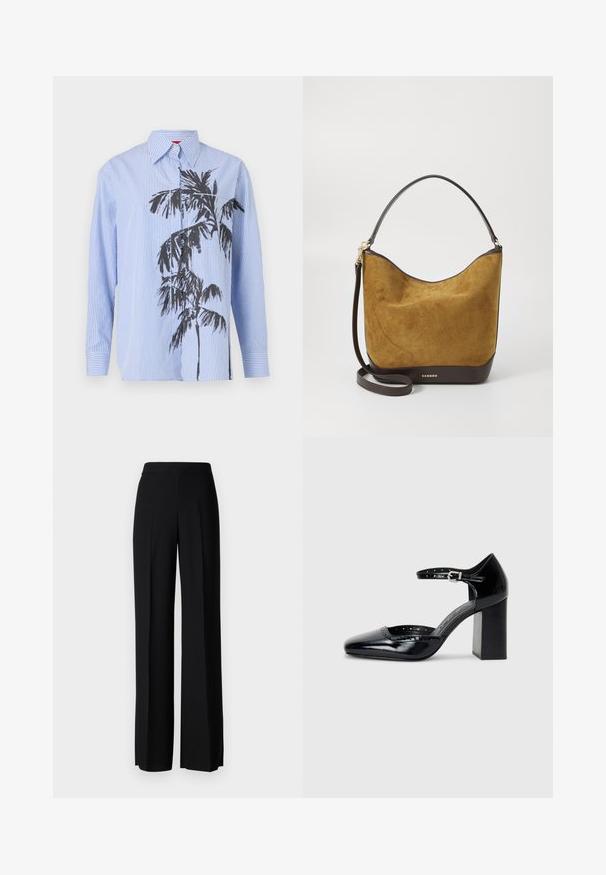 Mėlynai dryžuota ilgomis rankovėmis marškiniai, ant priekinės dalies turintys juodą palmių medžio grafiką. Jis turi tradicinį apykaklę ir mygtukų užsegimą.; Juodi platūs kelnių kelnės su lygiu paviršiumi, turinčios aukštą liemenį ir centrinės raukšlės. Nėra matomų raštų ar metalinių detalių.; Juodos lakuotos aukštakulnės bateliai su kvadratine nosimi, kulkšnies dirželiu ir masyviu kulnu. Apima perforuotus detalizavimus aplink kraštą.; Suede rankinė ryškių garstyčių geltonumo su lygiu tamsiai rudos odos pagrindu ir petnešomis. Aukso spalvos aksesuarai ir embosuotų prekės ženklų pavadinimas.