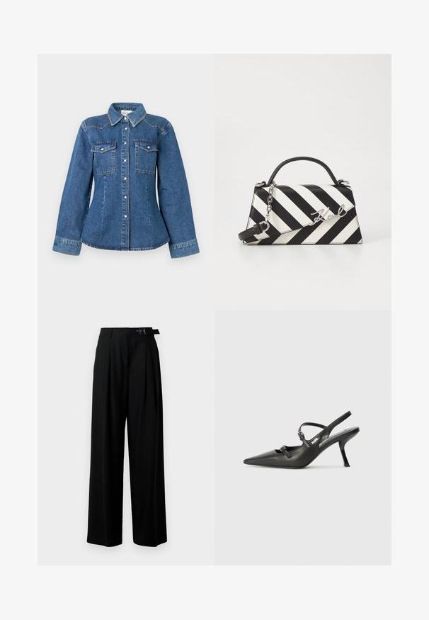 Džinsa krekls zilā krāsā ar apkakli, divām krūšu kabatām un pogu aizdari. Izgatavots ar garām piedurknēm un pieguļošu piegriezumu.; Melni plaši bikses ar augsto jostasvītru, priekšā ar krokojiem un jostu ar sprādzi. Izgatavotas no gludas, vieglas auduma.; Melnas ādas slingback papēži ar norādītu purngalu, izsmalcinātu papēdi un dekoratīvu sprādzi uz priekšpuses. Gluda tekstūra un elegants dizains.; Melnām un baltām svītrām rotāta rokassoma ar strukturētu formu, ar augšējo rokturi, noņemamu ķēdes siksnu un metāla logotipa akcentu.