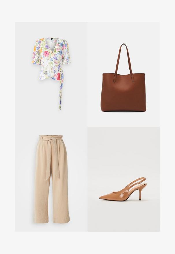Haut floral à manches bouffantes en tissu léger, avec un décolleté en V et un lien à la taille. Motif floral multicolore sur l'ensemble.; Pantalons beige à jambe large avec une taille ceinturée, fabriqués en tissu texturé. Présente un pli avant et une finition lisse le long de l'ourlet.; Escarpin à talon slingback à bout pointu en matériau beige lisse et brillant. Présente un design de découpes courbées et un talon aiguille fin. Détail de boucle en argent.; Sac fourre-tout en cuir marron avec une texture lisse, design à ouverture supérieure et deux poignées pour le porter à l'épaule. Présente des coutures minimales et aucun matériel visible.