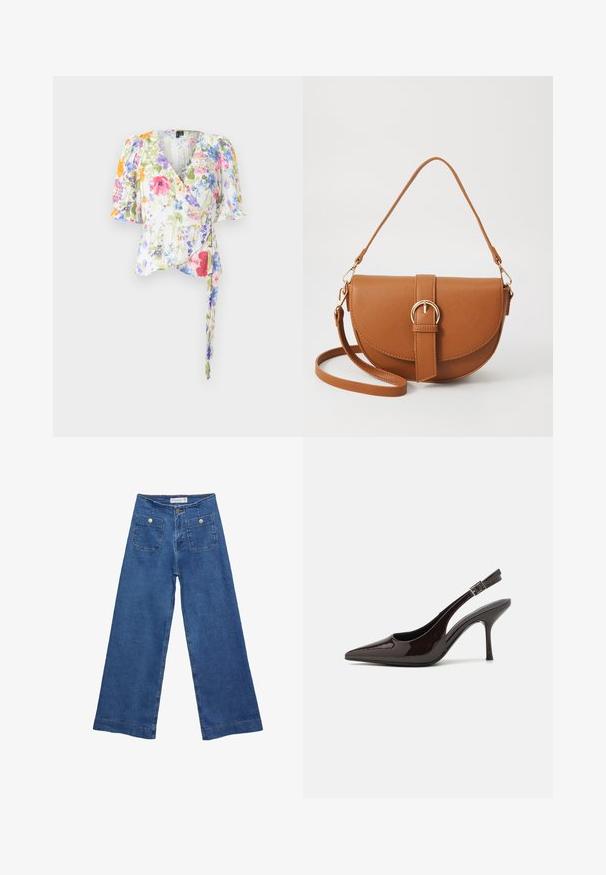 Kvetinový top s obálkovým strihom z ľahkého materiálu, ktorý má výstrih do V, balónové rukávy a viazanie v oblasti pásu. Celoplošný mnohofarebný kvetinový vzor.; Džínsy s širokými nohavicami v stredne modrej farbe, s dvoma prednými vreckami na gombíkovné zapínanie a šitými detailmi pozdĺž lemov.; Slingback vysoké opätky v lesklej tmavohnedej lakovej koži, so špicatou špičkou, otvorenými stranami a nastaviteľným remienkom na členku.; Hnedá kožená kabelka cez telo s zakriveným tvarom, zlatými kovovými doplnkami a akcentom s prackou. Obsahuje odnímateľný ramenný popruh.