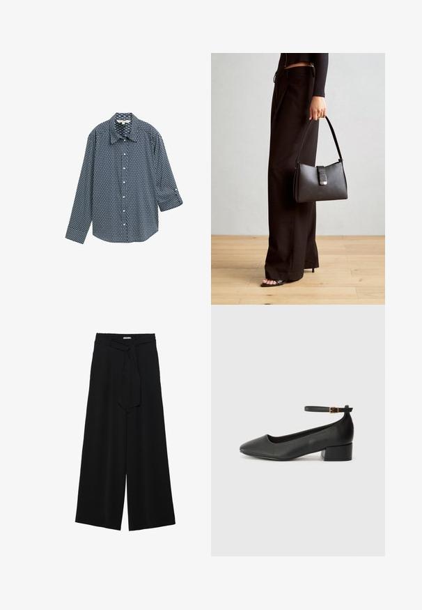Navy button-up shirt met een geometrisch patroon. Kenmerken zijn een klassieke kraag, lange mouwen en een ontspannen pasvorm. Gemaakt van een katoenmix.; Zwarte wijde broek van textuurstof, met een elastische tailleband en een afneembare sjaalstrik in de taille voor een verstelbare pasvorm.; Zwarte leren pump met een spitse neus en een lage blokhak. Beschikt over een enkelband met een goudkleurige gespsluiting. Gladde textuur.; Zwarte handtas met gestructureerde vorm, gladde textuur en een metalen sluiting. Gecombineerd met brede zwarte broeken en sandalen met open teen op een houten vloer.
