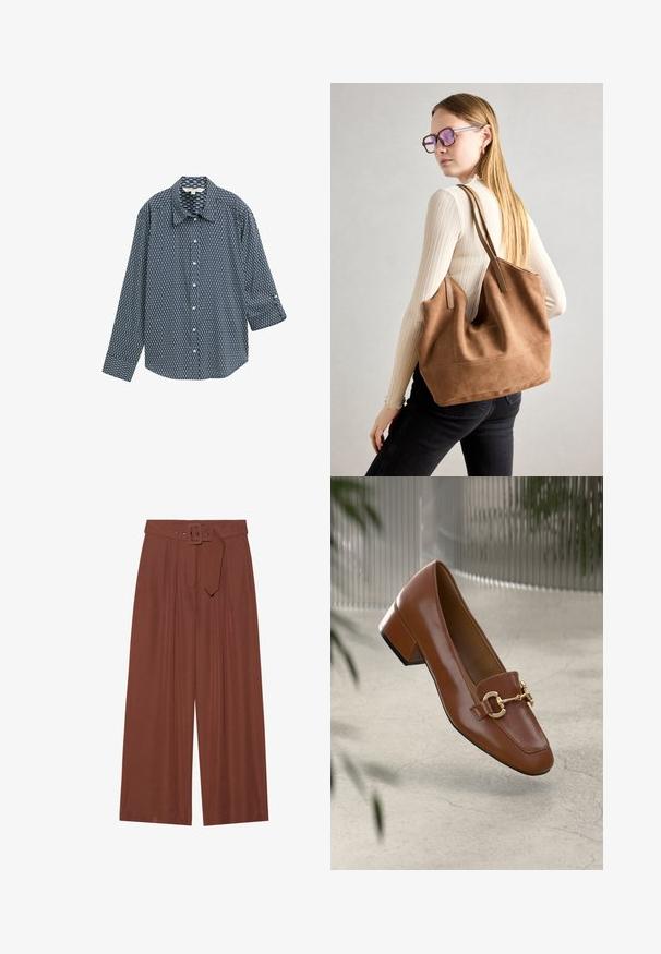 Srajca z gumbi v mornarsko modri barvi z geometrijskim vzorcem. Ima klasičen ovratnik, dolge rokave in sproščen kroj. Material je kombinacija bombaža.; Široke hlače iz rjavega blaga, ki vključujejo pas s kvadratno zaponko, nabran dizajn in gladko teksturo.; Rjavi lakirani loafer z kvadratnim nosom, kovinsko verigo kot okrasom in nizko blok podplatom; gladka tekstura, minimalističen dizajn.; Rjava semišna torba z mehko teksturo, velikim odprtjem in dolgimi ročaji. Ima preprost dizajn z vidnim šivanjem in brez okovja.