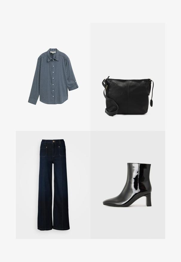 Camicia abbottonata in blu navy con un motivo geometrico. Presenta un colletto classico, maniche lunghe e una vestibilità rilassata. Materiale in misto cotone.; Jeans in denim a gamba larga di colore blu scuro. Presentano tasche anteriori, design con hardware dorati e cuciture a contrasto. Texture liscia con un design casual.; Stivaletto in pelle verniciata nera con punta a punta e tacco a blocco di altezza media. Texture liscia e design minimalista.; Borsa a tracolla in pelle nera con forma piatta, dettagli in metallo dorato e tracolla regolabile. Texture liscia con dettagli di cucitura minimi.