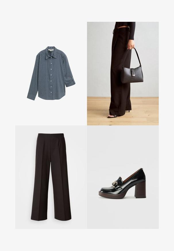Camisa de botones en color navy con un patrón geométrico. Presenta un cuello clásico, mangas largas y un corte relajado. Material de mezcla de algodón.; Pantalones de pierna ancha negros con un frente plano, pliegues y una textura de tela suave. Presentan una cintura alta y un corte ajustado para un ajuste estructurado.; Mocasín de cuero negro con tacón alto, punta redonda, herrajes decorativos de acero inoxidable, tacón de bloque de madera y acabado pulido suave.; Bolso negro con forma estructurada, textura suave y un cierre metálico. Combinado con pantalones anchos negros y sandalias de dedo en un suelo de madera.