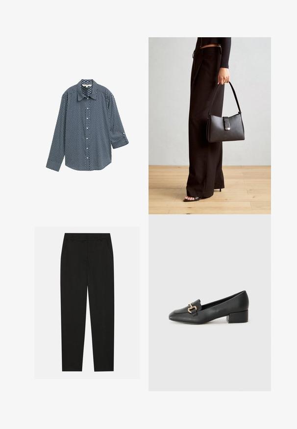 Tamsiai mėlynos spalvos marškiniai su geometrišku raštu. Turi klasikinį apykaklę, ilgomis rankovėmis ir laisvą siluetą. Pagaminta iš medvilnės mišinio.; Juodos kelnes su pritaikytu dizainu, turinčios šonines kišenes ir tiesią koją. Pagamintos iš lygaus, lengvo audinio su blizgiu paviršiumi.; Juodi odiniai loaferiai su plokščiu kulnu, su dekoratyvia auksine detalės priekyje ir glotnia tekstūra.; Juodas rankinė struktūrizuota forma, lygi tekstūra ir metalinis užsegimas. Suporuota su plačiomis juodomis kelnėmis ir atvirais bateliais ant medinių grindų.