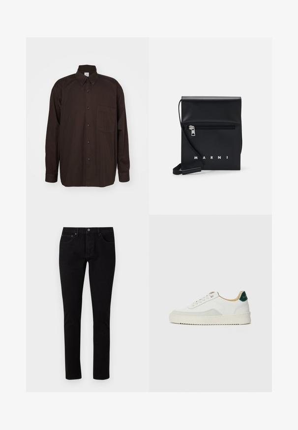 Chemise à manches longues marron en coton, dotée d'un col à rabat, de boutons noirs et d'une poche sur le côté gauche.; Jeans en denim noir avec une coupe slim, dotés d'une taille standard, de cinq poches et d'accents en métal. Texture lisse et légèrement extensible.; Baskets blanches avec des accents en daim, bout arrondi, lacets plats et semelle en caoutchouc crème. Présente une marque verte sur le talon.; Sac à bandoulière en cuir noir avec une poche avant zippée, logo embossé et une bandoulière ajustable. Texture lisse avec une forme structurée.