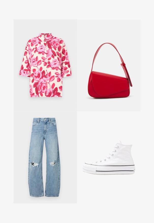 Koszula na krótki rękaw w odcieniu kremowym z dużym różowym kwiatowym wzorem; posiada klasyczny kołnierzyk i luźny krój. Tkanina ma gładką teksturę.; Jasnoniebieskie, wysokiej talii dżinsy wykonane z denimu. Posiadają szerokie nogawki, dwa podarte miejsca na kolanach oraz klasyczne pięć kieszeni.; Białe wysokie trampki z płótna z czarną gumową podeszwą, przednim czubkiem z gumy i sześcioma dziurkami na sznurowadła, charakteryzujące się prostym, minimalistycznym designem.; Czerwona skórzana torebka o kanciastym, geometrycznym designie. Posiada jedną regulowaną rączkę oraz zapięcie na klapę z przeszyciami.