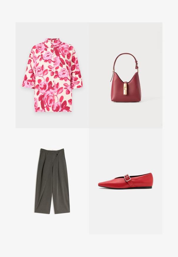 Korte mouwen overhemd met knopen in crèmekleur met grote roze bloemmotieven; heeft een klassieke kraag en een losse pasvorm. De stof heeft een gladde textuur.; Cropped broek met wijde pijpen in een donkergrijze stof. Heeft een platte voorkant, zijzakken en een enkele knoopsluiting. Glad textuur, op maat gemaakte pasvorm.; Rode leren platte schoen met een spitse neus, voorzien van een zijkant band met een metalen gesp en een lage zwarte hak. Gladde textuur overal.; Rood leren handtas met een kenmerkende gebogen vorm, verstelbare schouderband en een goudkleurige sluiting aan de voorkant. Zachte textuur, minimalistisch ontwerp.; Goudkleurige Michael Kors horloge met een ronde kast, metalen schakelschoen, minimalistische wijzerplaat, drie sub-dials en datumaanduiding op 6 uur.