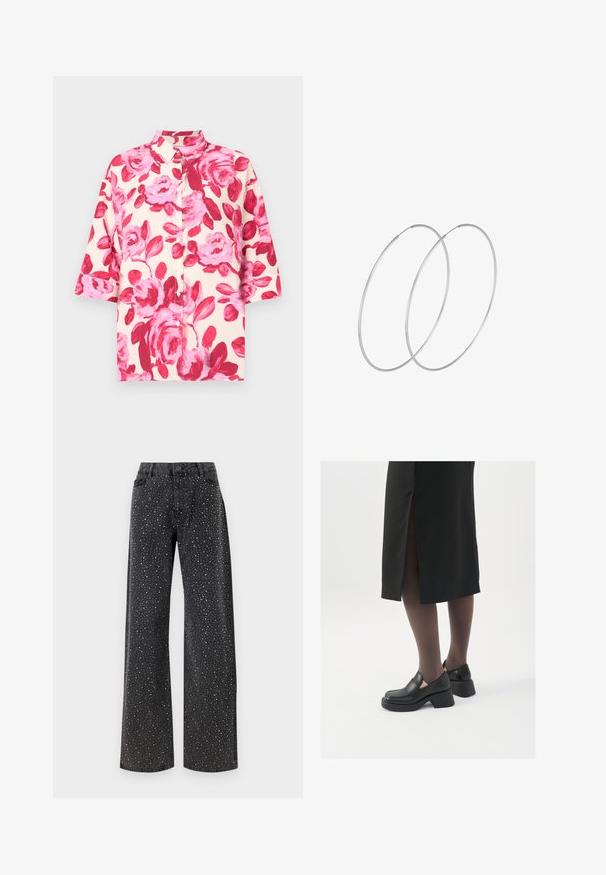 Kratka majica s dugimi rokavi v kremni barvi z velikim rožnatim cvetličnim vzorcem; ima klasičen ovratnik in sproščen kroj. Tkanina ima gladko površino.; Noisy May NMJANNEL LOOSE - Široke kavbojke - black denim; Črne usnjene čevlje s zaobljenim prstom, debelim blokastim petama in elastičnimi stranskimi detajli, v kombinaciji s temno nogavicami in črno krilo z razporkom.; Srebrne uhane v obliki obroča z minimalističnim dizajnom. Krožna oblika, gladka tekstura in tanek profil. Lahki s poliranim zaključkom.