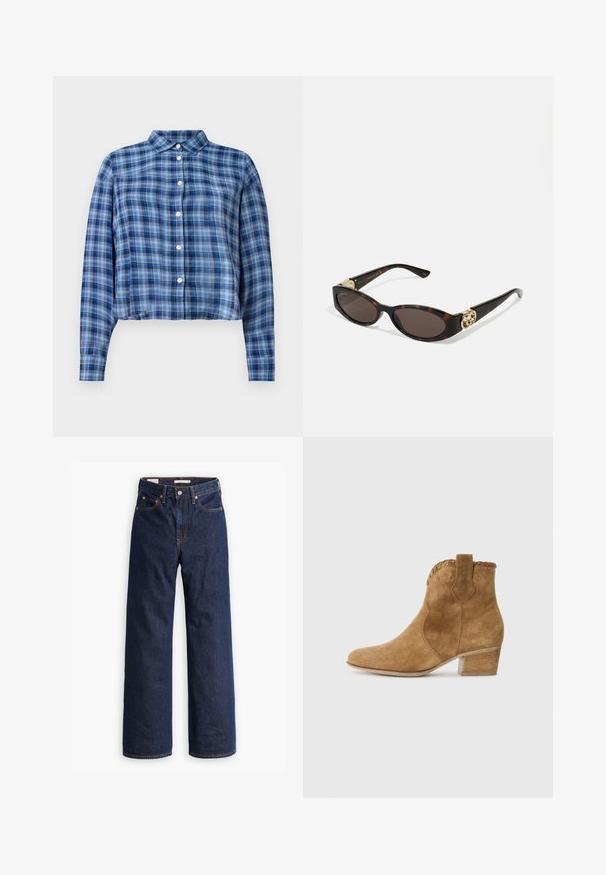 Camisa cropped de manga longa em padrão xadrez azul e preto, com colarinho pontudo e botões brancos na frente, sobre um fundo branco.; Jeans de ganga azul-escuro de perna reta com cinco bolsos, costuras laranja e fecho de botão.; Bota ankle em camurça bege com bico fino, acabamento texturizado no colarinho e salto bloco. Apresenta uma aba para facilitar o calce.; Óculos de sol de tartaruga com lentes ovais alongadas, tom castanho, acentos de logotipo dourado nas hastes e hastes pretas elegantes.