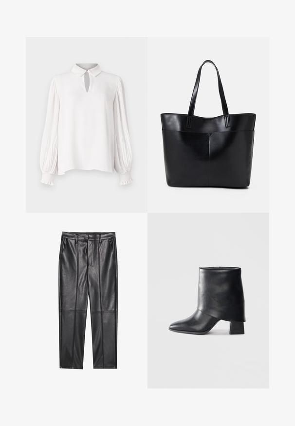 Balta blūze ar apkakli un atslēgas cauruma detaļu. Garas, drapētas piedurknes ar elastīgām aprocēm. Gluda tekstūra un brīvs piegriezums.; Melni ādas bikses ar gludu tekstūru, taisnas piegriezuma, divi priekšējie kabatas un redzami šuvju izstrādājumi.; Melnas ādas potītes zābaki ar norādītu purngalu, gludu tekstūru un strukturētu blokveida papēdi. Iezīmē augstu, salocītu apkakles dizainu.; Melnas ādas iepirkumu soma ar divām garām rokturām, gludu tekstūru un strukturētu formu. Iekļauj priekšējo kabatu papildu uzglabāšanai.