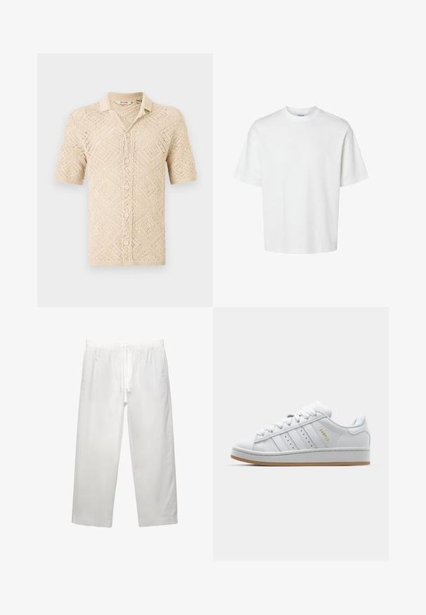 Cardigan lavorato a maglia beige con maniche corte e motivo a rombi, con chiusura frontale a bottoni e colletto. Realizzato in materiale leggero.; T-shirt bianco in cotone con maniche corte, scollo rotondo e vestibilità rilassata. Texture liscia senza pattern o dettagli visibili.; Pantaloni bianchi in lino con cintura elastica e cordoncino, design a gamba ampia e cuciture pulite. Texture liscia con vestibilità casual.; Sneaker bianca con design a tre strisce perforate, dettagli testurizzati, suola in gomma e logo "CAMPUS" in oro sul lato.