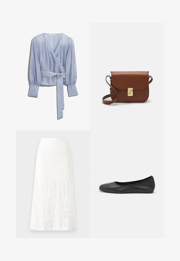 IVY OAK ELOISE MAY - Blusa - blue smoke; Saia midi branca de malha com um padrão texturizado com linhas verticais e detalhes recortados perto da bainha. Cintura elástica. Material suave.; Bailarina preta em pele com bico arredondado, textura suave, detalhe de costura minimalista e design de sola flexível.; Bolsa de couro castanho com fecho de aba, decoração em tom dourado, alça de ombro e textura suave. Formato retangular compacto.