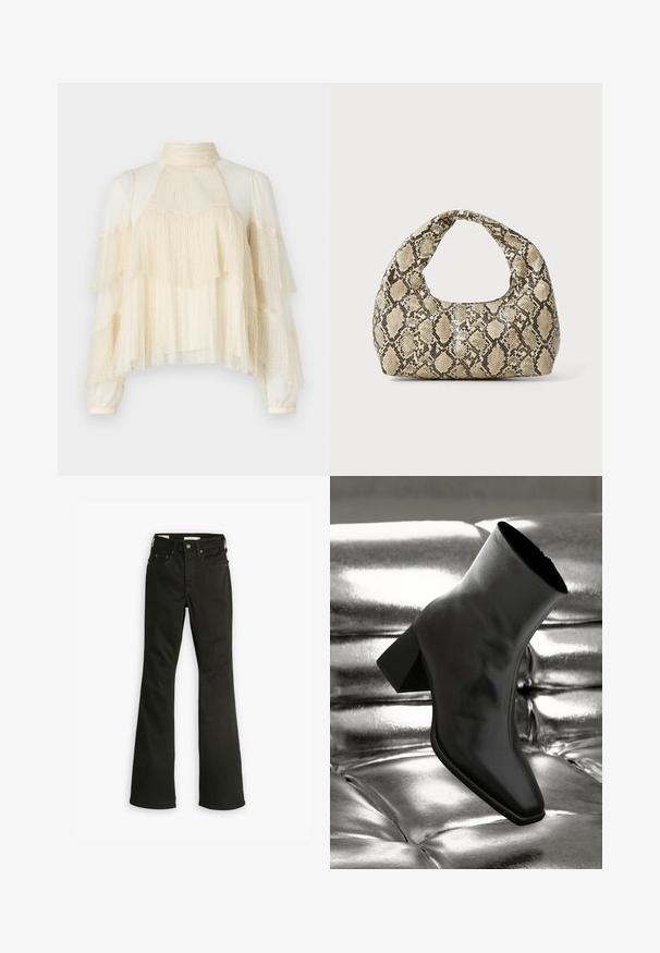 Blusa color crema con volant a strati, tessuto trasparente a pois, collo alto e maniche lunghe, con delicati dettagli in pizzo.; Jeans neri a zampa d'elefante realizzati in denim. Presentano un classico design a cinque tasche con zip, cuciture robuste e un orlo pulito.; Stivale alla caviglia nero realizzato in materiale lucido con punta quadrata e tacco affusolato, posizionato su uno sfondo argentato lucido con imbottiture a sfera.; Borsa a stampa rettile con manico curvo. Realizzata in materiali testurizzati beige e marroni, presenta un distintivo motivo a rombi.