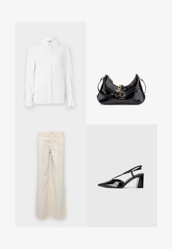White long-sleeve blouse featuring a pointed collar with floral accents, button closure at the front, and flared cuffs. Smooth fabric texture.; Beige wide-leg pants with a smooth texture featuring metallic silver sequins arranged in a pattern across the front and back.; Black patent leather slingback high-heeled shoes with a pointed toe, adjustable strap, and chunky rectangular heel.; Black patent leather bag featuring a curved design, gold hardware accents, and a prominent logo. Includes a removable shoulder strap.