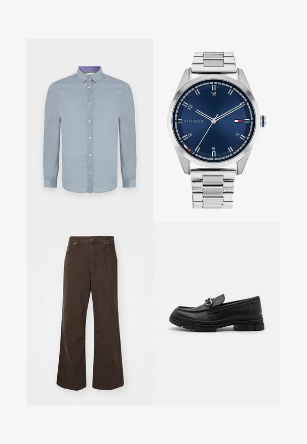 Svetlo modra srajca z dolgimi rokavi, s kragnim ovratnikom, sprednjimi gumbi in gladko teksturo. Notranji ovratnik ima kontrastni vijoličen poudarek.; Rjave široke hlače iz bombaža, z visokim pasom, sprednjimi žepi in gladko teksturo. Končni detajli vključujejo subtilne šive.; Črni usnjeni loaferji z zaobljenim nosom, dekorativnim trakom in dodatki ter debelim teksturiranim podplatom. Gladek zaključek s subtilnimi detajli.; Srebrna kovinska ura z brušenim modrim številcem, belimi številčnicami in prikazom datuma. Ima povezano kovinsko zapestnico in logotip blagovne znamke.; Srebrna verižica z дебелыми povezavami in osrednjim krožnim obeskom z zapletenim detajliranjem. Gladka, odsevna površina kovine.
