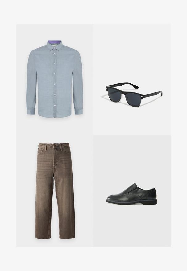 Hele sinine pika varrukaga särk, millel on nööbid ja pehme tekstuur. Sisekaelusel on kontrastne lillakate aktsent.; Prunad laiad teksapüksid, mis on valmistatud denimist. Omab lukuga kannet, vöölukke ja viit taskut. Kangas näitab tuhmuvat, tekstuurset välimust.; Must musta laia suuga king, millel on sile ülemine osa, õmmeldud detailid, ümmargune nina ja madal kummist konts. Tallal on minimaalne mustr.; Mustad mustmikrooni kujuga mustad prillid, tumedate klaasidega, hõbedased detailid templite juures ja mati viimistlusega raam.