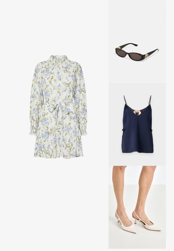Marineblauwe satijnen top met V-hals, dunne bandjes en een subtiele accenta langs de zijkant. Soepele textuur en lichtgewicht ontwerp.; Bloemendress in het wit met blauwe en groene bloemen, voorzien van een kraag, knoopsluiting aan de voorkant, lange mouwen met elastische manchetten en een tailleband.; Beige gepatineerde leren slingback hakken met een spitze neus en een hak van 5 cm, met uitsparingen aan de zijkanten en een dunne enkelband.; Schildpadbril met langwerpige ovale lenzen, bruine tint, gouden logo-accenten op de pootjes en slanke zwarte armen.; Witte bloemenhandtas met een gatherend stoffen oppervlak, gouden kettingriem en metalen sluiting. Heeft textuur op de bloemblaadjes voor extra detail.