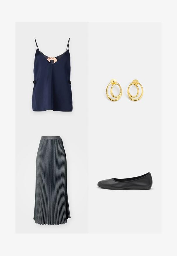 Navyblaue Satin-Camisole mit V-Ausschnitt, dünnen Trägern und einem dezenten seitlichen Akzent. Glatte Textur und leichtes Design.; Gestufter Maxiskirt in Dunkelgrau, aus strukturiertem Stoff mit einem breiten Bund, der tiefe vertikale Falten über die gesamte Länge aufweist.; Schwarze Leder-Ballettschuhe mit abgerundeter Spitze, glatter Textur, minimalen Nähdetails und einem flexiblen Sohlen-Design.; Goldfarbene Creolen mit zwei verflochtenen kreisförmigen Formen, glatte Oberfläche und einem Steckverschluss für sicheren Sitz.