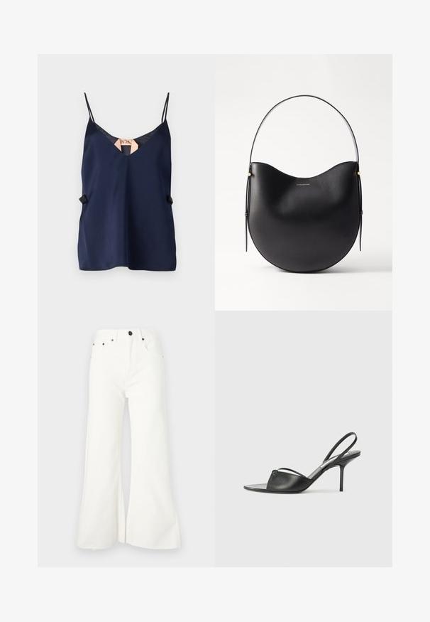 Marineblauwe satijnen top met V-hals, dunne bandjes en een subtiele accenta langs de zijkant. Soepele textuur en lichtgewicht ontwerp.; Witte denim jeans met een hoge taille, flare-pasvorm, vijf zakken en ruwe zoomafwerking. Voorzien van metalen hardware en een knoopsluiting.; Zwarte leren slingback hakken met een spitse neus, dunne enkelband en stiletto hak. Bevat een geknoopte detail op de bovenkant.; Zwarte leren schoudertas met een gebogen vorm, dunne handgreep en subtiele gouden accenten. Gladde textuur met een minimalistisch ontwerp.