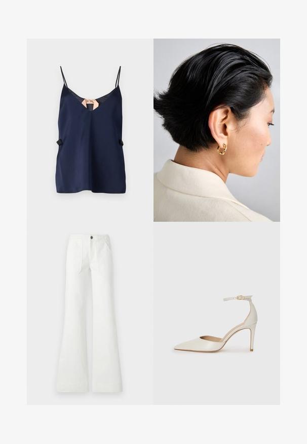 Granatowa satynowa koszulka na ramiączkach z dekoltem w serek, cienkimi ramiączkami i subtelnym akcentem z boku. Gładka faktura i lekki fason.; Białe szerokie spodnie wykonane z tkaniny, z plecionym paskiem w talii, dwoma przednimi kieszeniami oraz gładką fakturą. Zapięcie na czarny guzik.; Białe skórzane szpilki z ostrym noskiem, paskiem wokół kostki i cienką szpilkową obcasem. Gładka faktura z subtelnym połyskiem.; Złota metalowa kolczyk w kształcie obręczy noszona na krótkich czarnych włosach, prezentowana z boku, ukazująca gładką, wypolerowaną teksturę i nowoczesny design.
