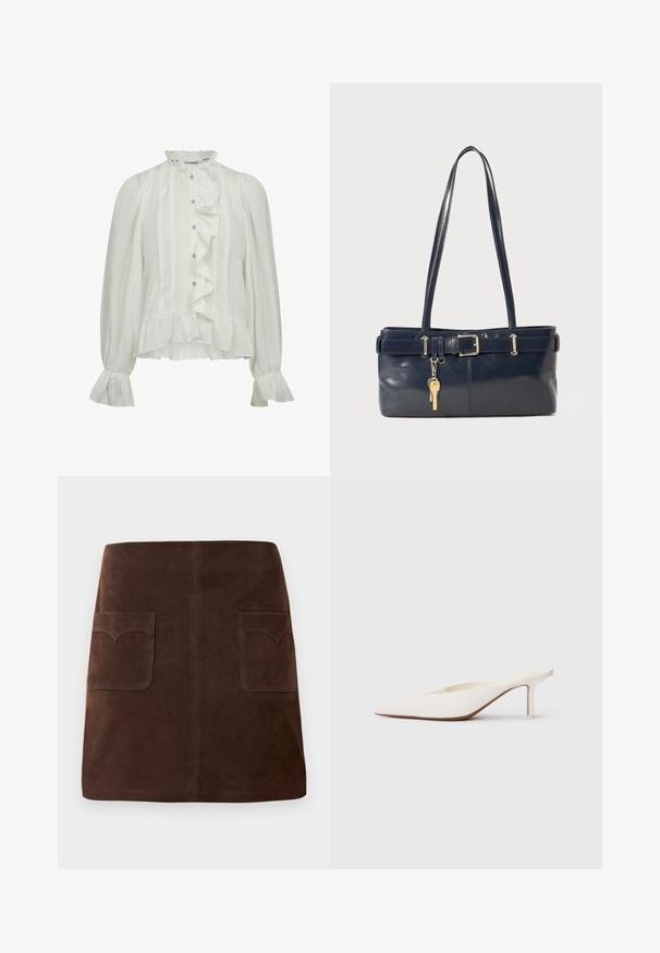 Blusa bianca a maniche lunghe con parte anteriore arricciata, colletto alto, chiusura a bottoni e polsini svasati. Realizzata in tessuto strutturato con righe verticali.; Gonna in suede marrone con una classica forma a campana, due tasche frontali con alette arrotondate e dettagli di cucitura sottili.; Mule bianco a punta con tacco stiletto basso. Realizzato in materiale liscio con un design minimalista e dettagli delicati sulla suola colorato beige.; Borsa a mano in pelle blu con due manici lunghi, un dettaglio con fibbia e un portachiavi attaccato. Presenta una texture liscia e una forma rettangolare.