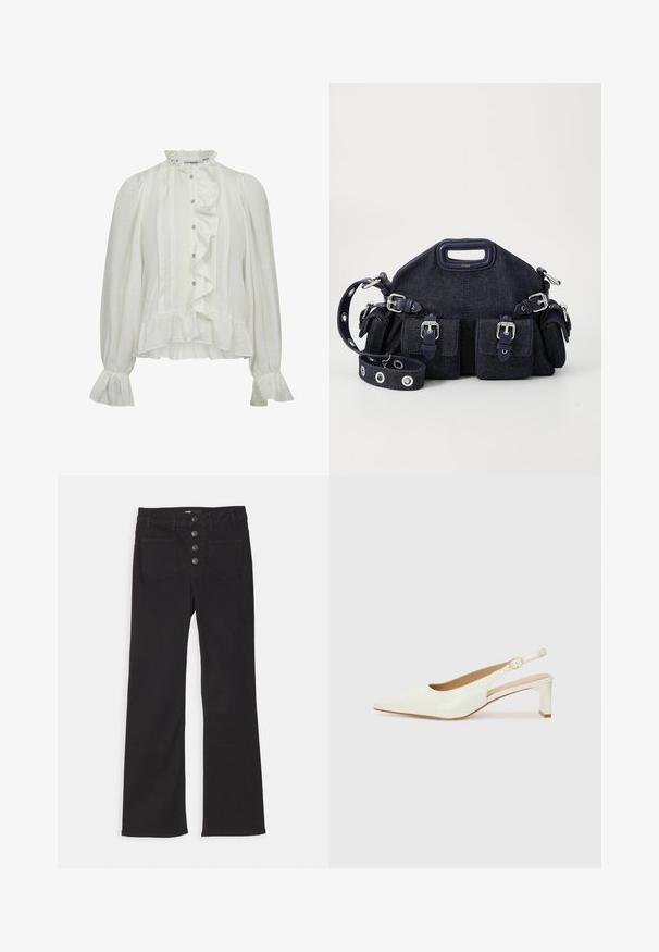 Valge pikkade varrukatega pluus, millel on volangiga esiosa, kõrge kaelus, nööpidega kinnitus ja laiendatud mansetid. Valmistatud tekstuurilisest kangast, millel on vertikaalsed triibud.; Mustad denimist laiad jalad kõrge vöökohaga, viie taskuga disain ja esine nupuga kinnitamine, kus on neli metallnuppu.; Valge patentnahast slingback king, millel on terav varvas ja madal plokkkonts. Omab peent rihma koos kuldse detailiga. ; Tumedat sinise denimi kott, millel on ümar kuju, mitmed välised taskud, reguleeritav rihm ja hõbedased detailid. Ülemine käepide on lisatud.