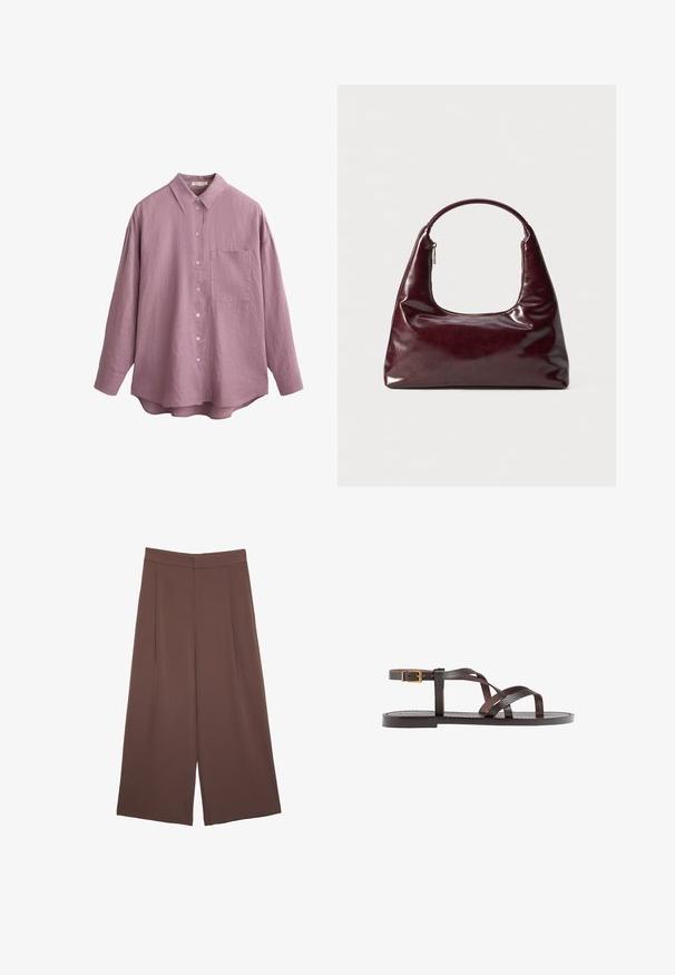 Langarmhemd aus helllila Stoff mit klassischem Kragen, vorderen Knöpfen und einer einzelnen Brusttasche. Strukturierte Oberfläche, lockere Passform.; Braune Weite-Leg-Hosen mit einer glatten Textur, hoher Taille und Vorderfalten. Der Stoff ist leicht und fällt locker.; Braune Leder-Sandale mit überkreuzten Riemen, einem Knöchelriemen mit Schnalle und einer flachen Sohle mit minimalen Nähdetails.; Burgunderfarbene Lederhandtasche mit glänzender Oberfläche, abgerundetem Griff und einer Reißverschlussöffnung an der Oberseite; verfügt über ein elegantes, minimalistisches Design.