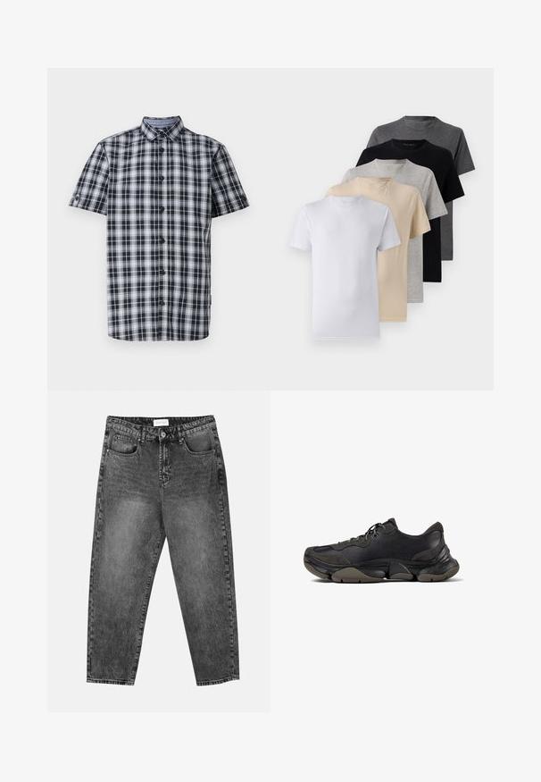 Short-sleeve button-up shirt in black and white checkered pattern, featuring a collar and six buttons down the front. Made of woven fabric.; Set of five short-sleeve t-shirts in white, beige, light gray, dark gray, and black. Made of smooth cotton, featuring crew neck design.; Black washed straight-leg jeans with front and back pockets, belt loops, and a button closure at the waist.; Black athletic sneaker with textured sole, leather and suede upper, padded collar, and lace-up closure, shown in side profile.