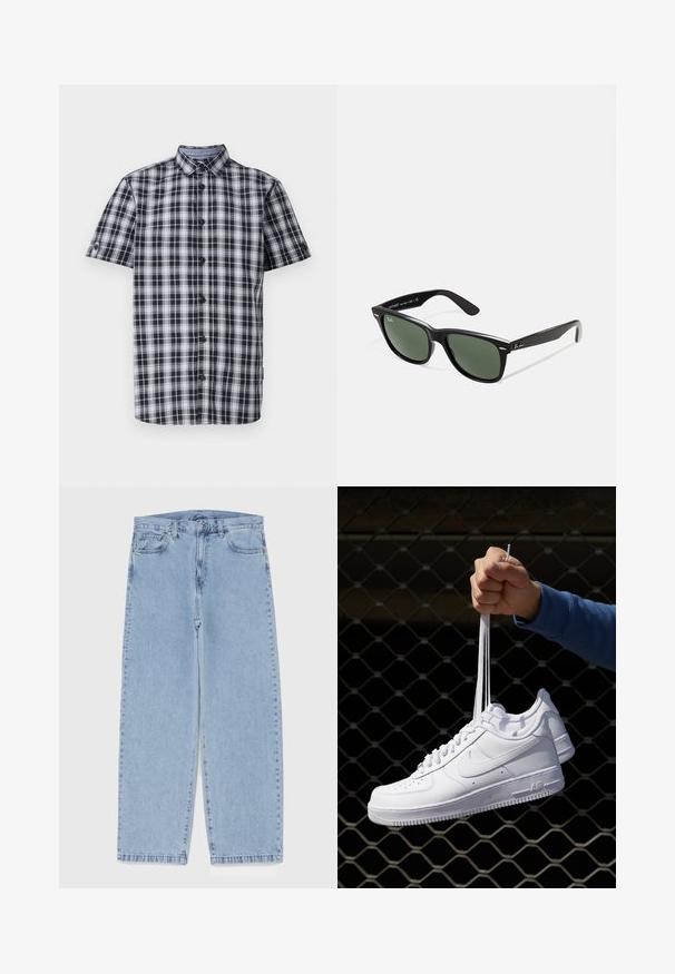 Īsām piedurkņu krekliņš melnbaltā rūtainā rakstā, ar apkakli un sešām pogām priekšpusē. Izgatavots no austas auduma.; Gai zila džinsu bikses ar taisnu kāju dizainu, kas piedāvā vidēju vidukļa augstumu, piecas kabatas un pogas un rāvējslēdzēja aizdari.; Baltas ādas sporta apavi ar perforācijām, apaļu purngali, plakanu zoli un biezām šņorēm, ar redzamu swoosh logo un vārdu "AIR" uz papēža.; Melnas plastmasas saulesbrilles ar zaļiem lēciem, kvadrātveida rāmjiem, sudrabainu akcentu uz uzacīm un teksturētām tempļu kājām. Zīmols norādīts uz iekšējās kājas.