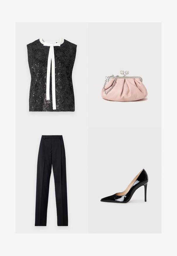 Top senza maniche nero con un motivo testurizzato a rose, impreziosito da paillettes, con un fiocco bianco sul collo.; Pantaloni neri realizzati in tessuto morbido, caratterizzati da vita alta, gambe larghe, pince frontali e classiche passanti per cintura. Non ci sono tasche laterali visibili.; Décolleté in pelle verniciata nera con design a punta e silhouette elegante. Presenta una finitura liscia e lucida e un tacco a stiletto sottile.; Borsa a mano in pelle rosa con design arricciato, telaio in metallo, due chiusure rotonde e tracolla in catena argentata. Texture liscia, forma compatta.