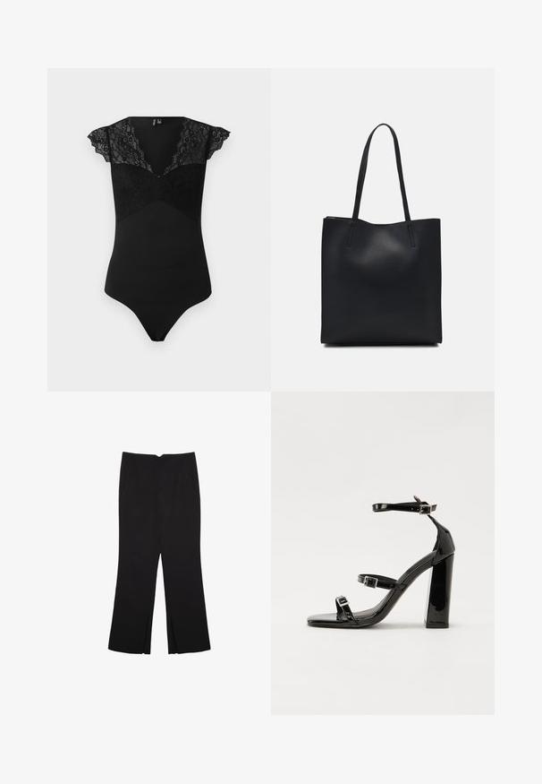 Body nero con maniche a cappetto in pizzo e pannello in pizzo sul corpetto. Tessuto liscio in un design aderente con scollatura a V e parte posteriore a perizoma.; Pantaloni neri a gamba dritta, con tasche frontali e spacchi laterali all'orlo. Realizzati in tessuto morbido e liscio. Adatti a diverse occasioni.; Sandali con tacco in vernice nera, con punta squadrata, cinturini alla caviglia e fibbie in argento. Presentano un tacco a blocco spesso per maggiore stabilità.; Borsa tote in pelle nera con texture liscia, forma rettangolare e due manici lunghi. Nessun hardware o decorazione visibile.
